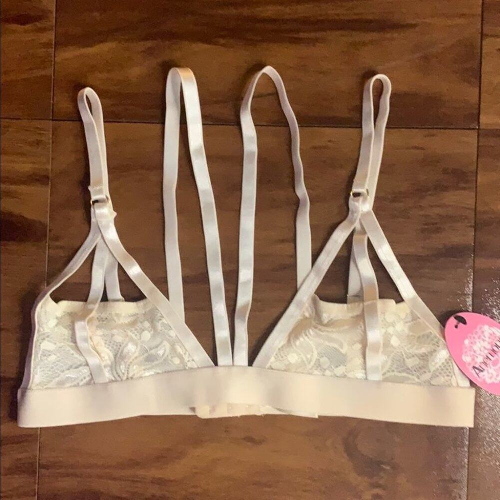 Anemone Off white sheer lace strappy caged bra triangle Large NWT